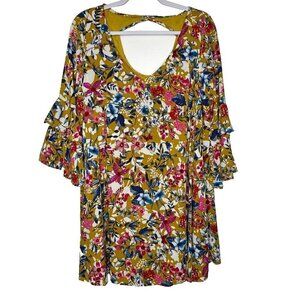 Entro Mini Dress Floral Yellow Bell Sleeve Size L